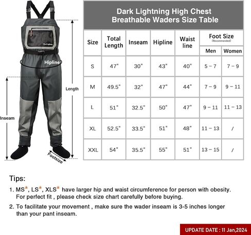 Dark Lightning Breathable Insulated Chest Waders, Perfect for 4 Seasons Fly Fishing Stocking Foot Waders for Men and Women in Kuwait