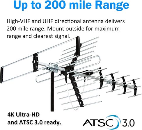 Five Star Outdoor HDTV Antenna up to 200 Mile Long Range, Attic or Roof Mount, Digital OTA Antenna for 4K 1080P VHF UHF Supports 4 TVs Installation Kit & J Mount, ATSC 3.0 Ready in Kuwait