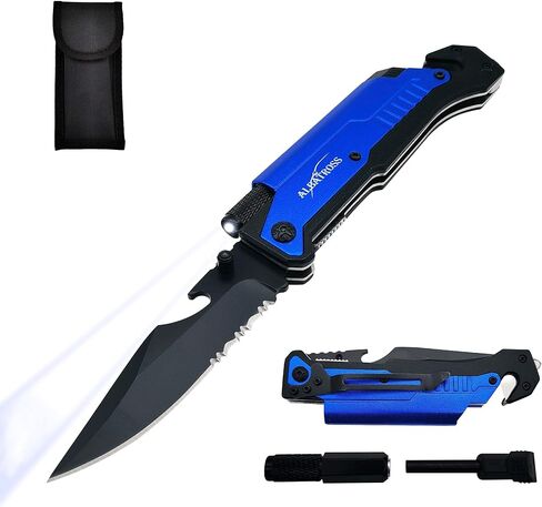 ALBATROSS 6-in-1 Survival Tactical Military Folding Pocket Knives with LED Light,Seatbelt Cutter,Glass Breaker,Magnesium Fire Starter,Bottle Opener;Multi-Function Emergency Tool(Black) in Saudi Arabia