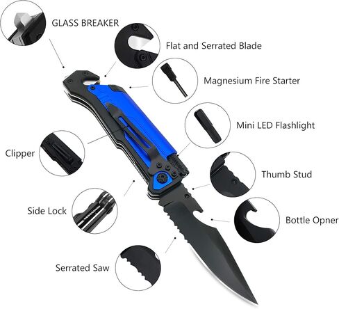 ALBATROSS 6-in-1 Survival Tactical Military Folding Pocket Knives with LED Light,Seatbelt Cutter,Glass Breaker,Magnesium Fire Starter,Bottle Opener;Multi-Function Emergency Tool(Black) in Saudi Arabia