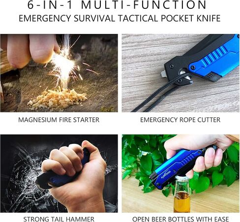 ALBATROSS 6-in-1 Survival Tactical Military Folding Pocket Knives with LED Light,Seatbelt Cutter,Glass Breaker,Magnesium Fire Starter,Bottle Opener;Multi-Function Emergency Tool(Black) in Saudi Arabia