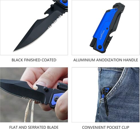 ALBATROSS 6-in-1 Survival Tactical Military Folding Pocket Knives with LED Light,Seatbelt Cutter,Glass Breaker,Magnesium Fire Starter,Bottle Opener;Multi-Function Emergency Tool(Black) in Saudi Arabia