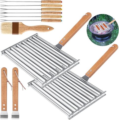 2Pcs Hot Dog Roller for Grill, Stainless Steel Sausage Roller Rack with Extra Long Wood Handle, BBQ Hot Dog Griller for Evenly Cooked Hot Dogs, 10 Hot Dog Capacity, 6.5 x 5.5 Inch in Saudi Arabia