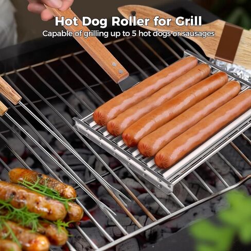 2Pcs Hot Dog Roller for Grill, Stainless Steel Sausage Roller Rack with Extra Long Wood Handle, BBQ Hot Dog Griller for Evenly Cooked Hot Dogs, 10 Hot Dog Capacity, 6.5 x 5.5 Inch in Saudi Arabia