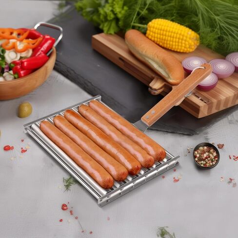 2Pcs Hot Dog Roller for Grill, Stainless Steel Sausage Roller Rack with Extra Long Wood Handle, BBQ Hot Dog Griller for Evenly Cooked Hot Dogs, 10 Hot Dog Capacity, 6.5 x 5.5 Inch in Saudi Arabia