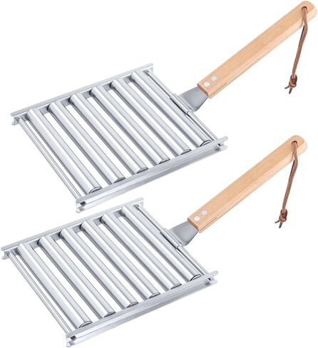 2Pcs Hot Dog Roller for Grill, Stainless Steel Sausage Roller Rack with Extra Long Wood Handle, BBQ Hot Dog Griller for Evenly Cooked Hot Dogs, 10 Hot Dog Capacity, 6.5 x 5.5 Inch in Saudi Arabia