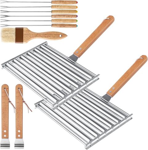 2Pcs Hot Dog Roller for Grill, Stainless Steel Sausage Roller Rack with Extra Long Wood Handle, BBQ Hot Dog Griller for Evenly Cooked Hot Dogs, 10 Hot Dog Capacity, 6.5 x 5.5 Inch in Saudi Arabia