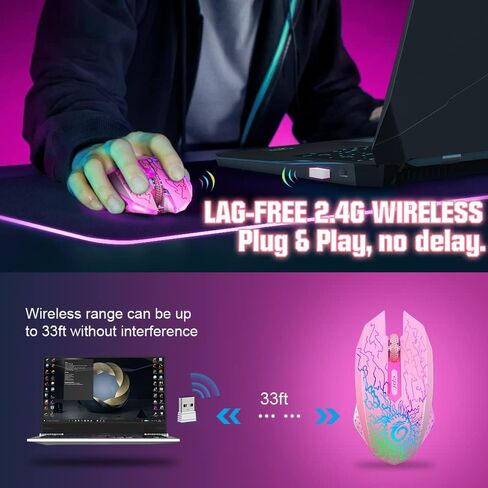 VersionTECH. Wireless Gaming Mouse, Rechargeable Computer Mouse Mice with Colorful LED Lights, Silent Click, 2.4G USB Nano Receiver, 3 Level DPI for PC Gamer Laptop Desktop Chromebook Mac-Black in Saudi Arabia