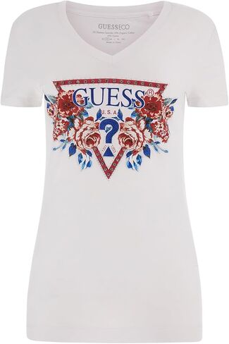 GUESS Women's Short Sleeve V Neck Roses Triangle Tee Shirt in Saudi Arabia