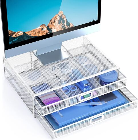 HUANUO 2 Tier Monitor Stand, Metal Monitor Riser with Drawer, Desk Organizer, Monitor Stand with Storage, Desktop Computer Stand for PC, Laptop, Printer in Saudi Arabia