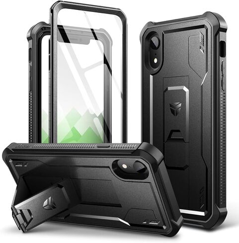 Dexnor for iPhone XR Case, [Built in Screen Protector and Kickstand] Heavy Duty Military Grade Protection Shockproof Protective Cover for iPhone XR, Black in Kuwait
