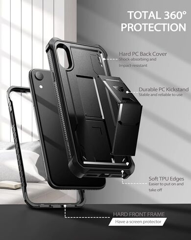 Dexnor for iPhone XR Case, [Built in Screen Protector and Kickstand] Heavy Duty Military Grade Protection Shockproof Protective Cover for iPhone XR, Black in Kuwait
