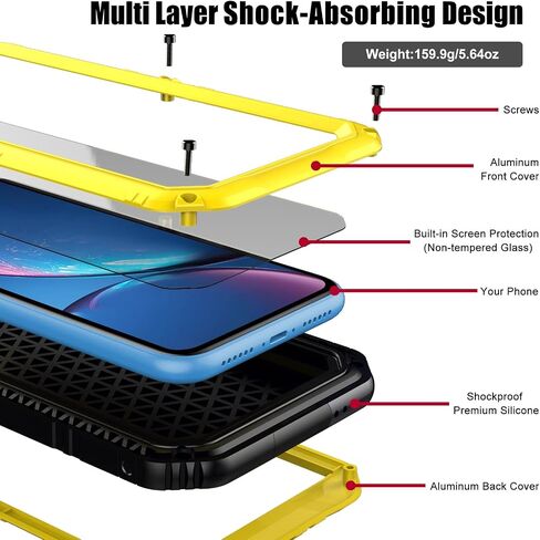 Beasyjoy for iPhone XR Metal Case, Waterproof Heavy Duty Case with Built-in Screen Protector, Full Body Protective Shockproof Tough Rugged Military Grade Defender Outdoor Case(Yellow) in Saudi Arabia
