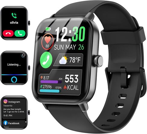 Smartwatch for Men Women, Alexa Built-in, 1.8" Fitness Tracker, IP68 Waterproof Smartwatch for Android & iPhone with Bluetooth Call (Answer/Make), Heart Rate/SpO2/Sleep Monitor/Pedometer, Black in Saudi Arabia