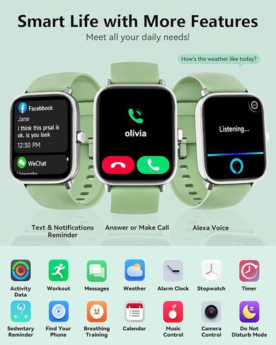 Smartwatch for Men Women, Alexa Built-in, 1.8" Fitness Tracker, IP68 Waterproof Smartwatch for Android & iPhone with Bluetooth Call (Answer/Make), Heart Rate/SpO2/Sleep Monitor/Pedometer, Black in Saudi Arabia