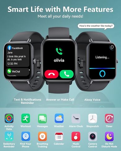 Smartwatch for Men Women, Alexa Built-in, 1.8" Fitness Tracker, IP68 Waterproof Smartwatch for Android & iPhone with Bluetooth Call (Answer/Make), Heart Rate/SpO2/Sleep Monitor/Pedometer, Black in Saudi Arabia