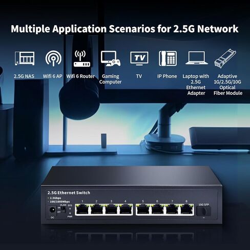 STEAMEMO 8-Port 2.5G Ethernet Switch with 10G SFP | Plug-and-Play Unmanaged Network Switch | 60Gbps Switching Capacity | Compatible with Gigabit/2.5Gb Multi-Gig for NAS, PC, Gaming & Home Office in Kuwait