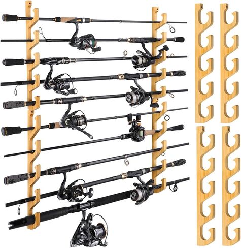 PLUSINNO WH5 Horizontal Fishing Rod/Pole Holders for Garage, Wall or Ceiling Mounted Fishing Rod Rack, Solid Wood Fishing rod Holder Holds up to 5 Rod or Combos or Nets Storage Racks in Kuwait