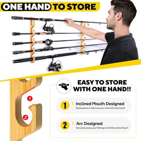 PLUSINNO WH5 Horizontal Fishing Rod/Pole Holders for Garage, Wall or Ceiling Mounted Fishing Rod Rack, Solid Wood Fishing rod Holder Holds up to 5 Rod or Combos or Nets Storage Racks in Kuwait