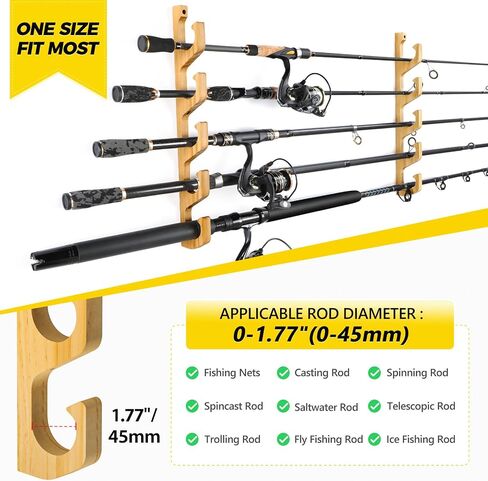 PLUSINNO WH5 Horizontal Fishing Rod/Pole Holders for Garage, Wall or Ceiling Mounted Fishing Rod Rack, Solid Wood Fishing rod Holder Holds up to 5 Rod or Combos or Nets Storage Racks in Kuwait