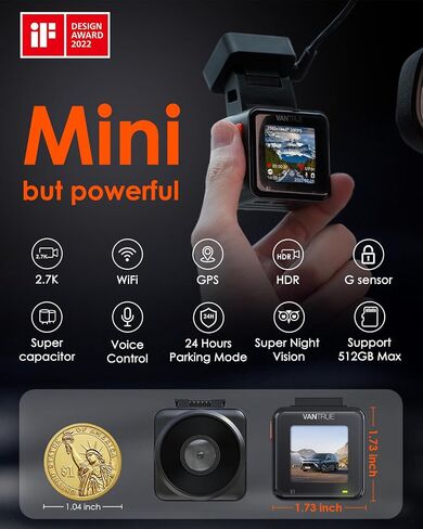 Vantrue E1 Lite 1080P WiFi Mini Dash Cam with GPS and Speed, Free App, Voice Control Detachable Dash Camera, 24 Hours Parking Mode, Night Vision, Motion Detection, Loop Recording, Support 512GB Max in Kuwait
