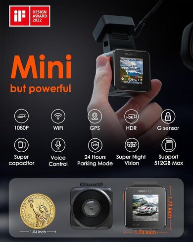 Vantrue E1 Lite 1080P WiFi Mini Dash Cam with GPS and Speed, Free App, Voice Control Detachable Dash Camera, 24 Hours Parking Mode, Night Vision, Motion Detection, Loop Recording, Support 512GB Max in Kuwait