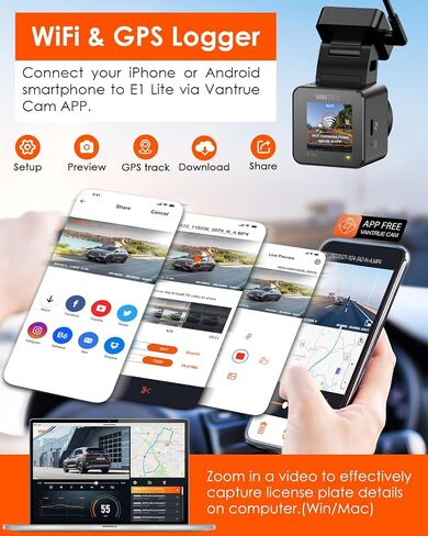 Vantrue E1 Lite 1080P WiFi Mini Dash Cam with GPS and Speed, Free App, Voice Control Detachable Dash Camera, 24 Hours Parking Mode, Night Vision, Motion Detection, Loop Recording, Support 512GB Max in Kuwait