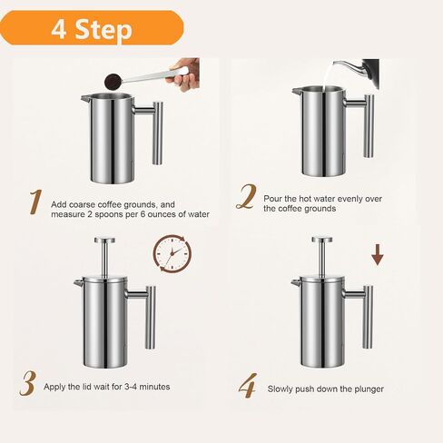 12 oz / 350 ml Stainless Steel French Press Coffee Maker, Double-Wall Insulated Small Coffee Press with 2 Extra Filters and Coffee Spoon, Single Serve French Press for Home, Office and Camping in Kuwait
