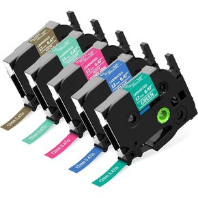 Replacement for Brother P-Touch Label Maker Tape TZe 12mm 0.47 Inch Laminated TZ Colored Tape Compatible with Brother P Touch Label Maker PT-D210 PT-H110 PT-1880 PT-D400, 1/2" x 26.2', 5 Pack