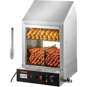 VEVOR Hot Dog Steamer, 36L/32.69Qt, Classic Hut Steamer for 96 Hot Dogs & 30 Buns, Electric Bun Warmer Cooker with Drop Down Door Acrylic Window Partition Plate Food Clip PTFE Tape, Stainless Steel