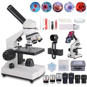 Monocular Microscope 40X-2000X Dual LED Microscopes with Illumination, Mechanical Loading Table for Labs, Schools, Homeschooling, Children's Beginner Microscope for Adults