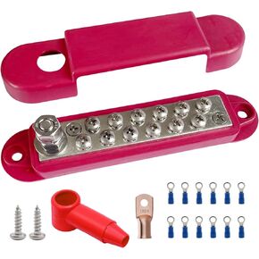 12 Terminals Bus Bar, Ampper 5.3" Nickle Plated Brass Power Distribution Block Battery BusBar Junction for Car Vehicle Rv Truck Marine Boat Audio Amplifier and More (Red)