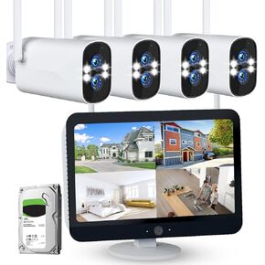 Wireless Security Camera System for Outdoor: Dual Lens WiFi6 & 10x Zoom 4PCS 2K+2K PTZ Camera with 12.5" Monitor 10CH 4K NVR Home Surveillance Color Night Vision 1TB HDD Motion App 2-Way Talk