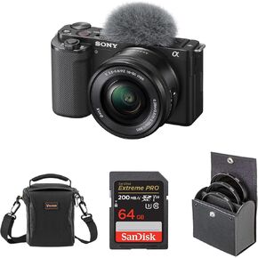 Sony ZV-E10 APS-C Mirrorless Interchangeable Lens Vlogging Camera with 16-50mm Lens, Black - Bundle with 64GB SD Card, Shoulder Bag, 40.5mm Filter Kit