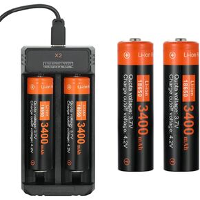 Universal Smart 2 Slots 18650 Battery Charger Set,4 Pack 3400 mah Rechargeable Button Top Batteries Battery for LED Flashlight Headlamp, Remote Controls,etc.