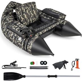 GYMAX Fishing Float Tube, 350lbs Portable Fishing Boat with Adjustable Shoulder Straps, Manual Pump, Paddle, Flippers, Fishing Rod Holder & Fish Ruler, Inflatable Adult Belly Boat for Fishing