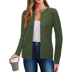 Arach&Cloz Women's 2024 Cable Knit Cardigan Long Sleeve Button Down Casual Sweater Lightweight Crew Neck Soft Fall Tops in Kuwait