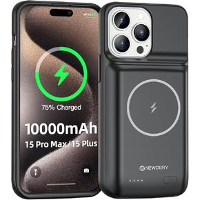 NEWDERY 10000mAh Battery Case for iPhone 15 Pro Max/iPhone 15 Plus, Qi Wireless Charging Case, USB C Rechargeable Charger Case Battery Pack for iPhone 15 Pro Max/15 Plus