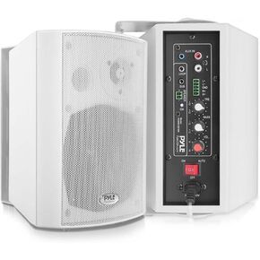 Pyle Wall Mount Home Speaker System - Active Passive Mountable Bookshelf Indoor Studio Garage Patio Stereo Sound Home Theater, Wireless Bluetooth Speaker Set W/Aux & RCA, White