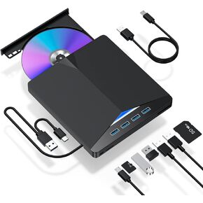 External CD/DVD Drive for Laptop, 7 in 1 USB 3.0 DVD Player Portable CD/DVD Burner, CD ROM External DVD Drive for Laptop Compatible with Laptop Desktop PC Windows 11/10/8/7 Linux Mac OS (Jet Black)