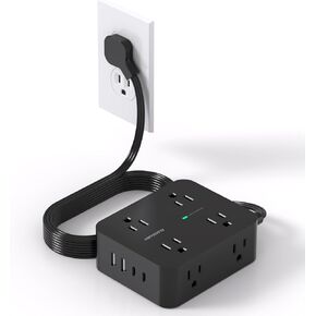 Power Strip Surge Protector, 5Ft Ultra Thin Flat Plug Extension Cord with Multiple Outlets, 8 Widely Outlet Extender with 4 USB Ports(2 USB C), 1080J Wall Mount for College Dorm Room Essentials Black