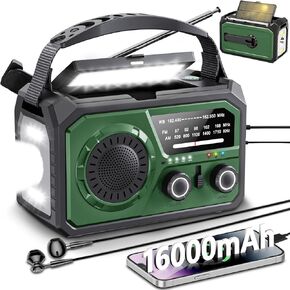 Hand Crank Emergency Radio - Upgraded 16000mAh/59200mWh Solar Portable Weather Radio AM FM NOAA with 3 Mode Flashlight & Reading Lamp, Headphone Jack, Cell Phone Charger, SOS for Emergency, Dark Green
