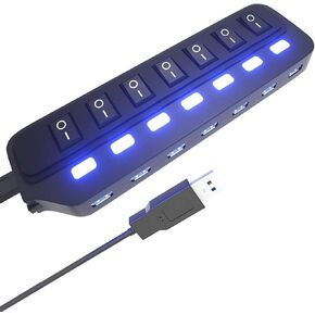 USB Hub 3.0, 7 Port USB Hub Splitter with Individual On/Off LED Switches, 5Gbps HighSpeed Data USB Extension for Laptop, iMac, USB Flash Drives, Mobile HDD, Printer, Camera and More