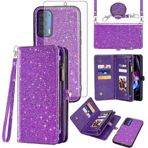 Asuwish Phone Case for Motorola Moto Edge 2021/MotoEdge 5G UW 2021 Zipper Wallet Detachable Cell Cover with Tempered Glass Screen Protector Lanyard Wrist Strap Flip Card Holder XT2141-1 Women Black