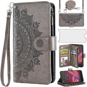 Asuwish Phone Case for Moto Z2 Play Wallet Cell Cover with Screen Protector Lanyard Wrist Strap Mandala Flower Zipper Card Holder Motorola MotoZ2Play Droid MotoZ2 2Play Z 2 2Z Z2play Girls Purple