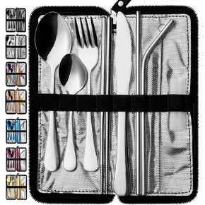 VANDBAO Portable Travel Utensils, Reusable Silverware with Case for Fixing Tableware, 9 Pieces Stainless Steel Stable Flatware Set, Camping Picnic Cutlery Set (Black Set)