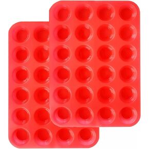 Mini Muffin &Cupcake Set, 24 Cups 2-Pieces, Nonstick Silicone Baking Pan, BPA Free and Dishwasher Safe, Great for Making Muffin Cakes, Tart, Bread (24 Cups Red,2 PCS)