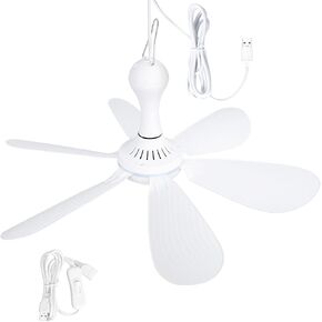 USB Powered Small Ceiling Fan 6 Blades Quiet DC 5V USB Hanging Fans for Indoor Outdoor RV Bed Room Dorm Desk Travel Camping Tent Cubicle Mini Portable Canopy Fans - White