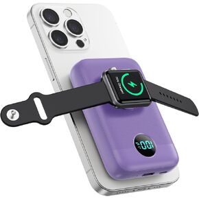 Magnetic Portable Charger 10800mAh,4-in-1 Wireless Power Bank with iWatch Charger, QC4.0+20W PD Fast Charging USB C Battery Pack with LCD Display for Magsafe,iPhone 16/15/14/13/12 Series,Apple Watch