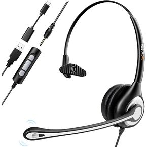 Headset wtih Mic, USB Headset with Microphone for PC, Computer Headset with Noise Canceling Microphone for Laptop, Wired Headset with Mute for Home Office Online Skype Zoom Meetings